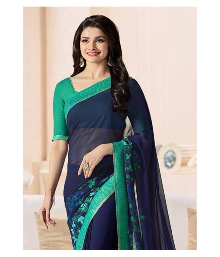 Gazal Fashions Georgette Printed Saree With Unstitched Blouse Piece ( Blue ) - Sarees | Buy online on ZillyBuy