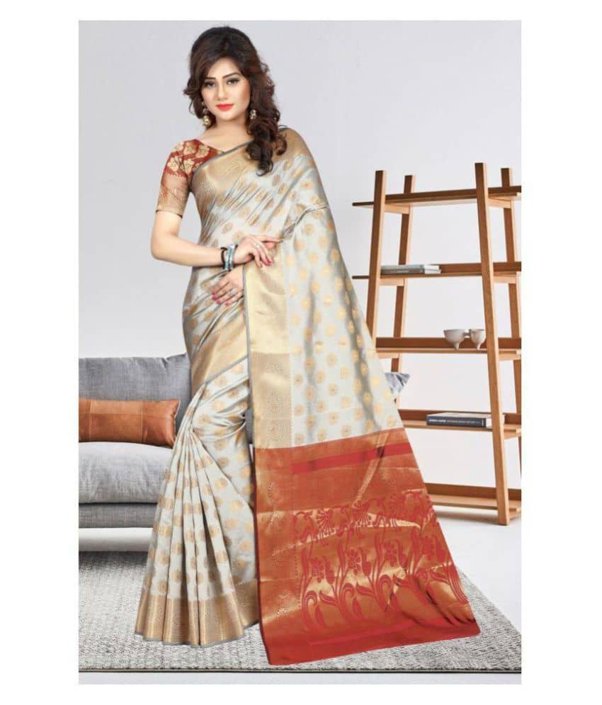 Gazal Fashions Banarasi Silk Embroidered Saree With Unstitched Blouse Piece ( Beige,Maroon ) - Sarees | Buy online on ZillyBuy
