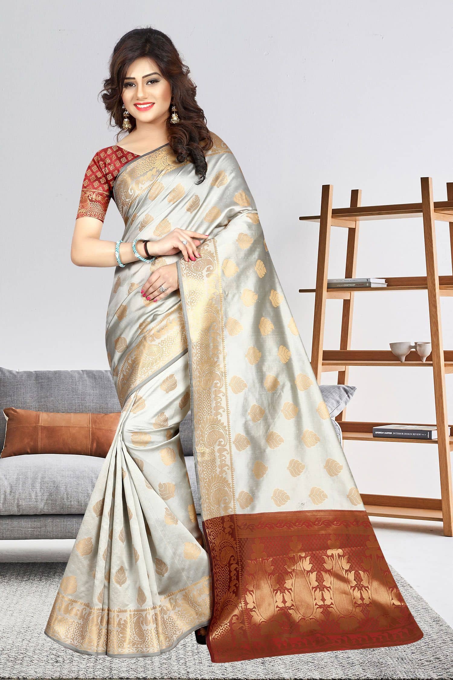 Gazal Fashions Banarasi Silk Embroidered Saree With Unstitched Blouse Piece ( Beige,Maroon ) - Sarees | Buy online on ZillyBuy