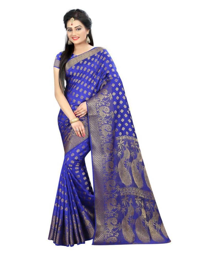 Gazal Fashions Silk Blend Embroidered Saree With Unstitched Blouse Piece ( Blue ) - Sarees | Buy online on ZillyBuy