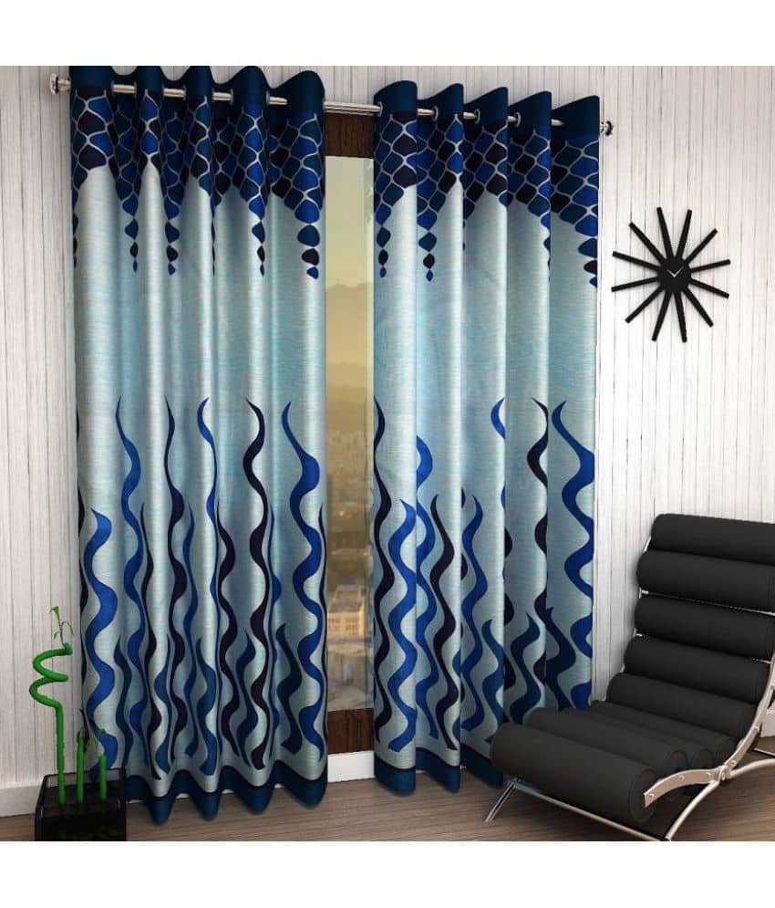Panipat Textile Hub Printed Semi-Transparent Eyelet Door Curtain 7 ft Pack of 2 -Blue