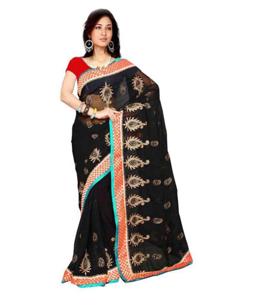 Bhuwal Fashion Chiffon Saree With Unstitched Blouse Piece ( Black ) - Sarees | Buy online on ZillyBuy