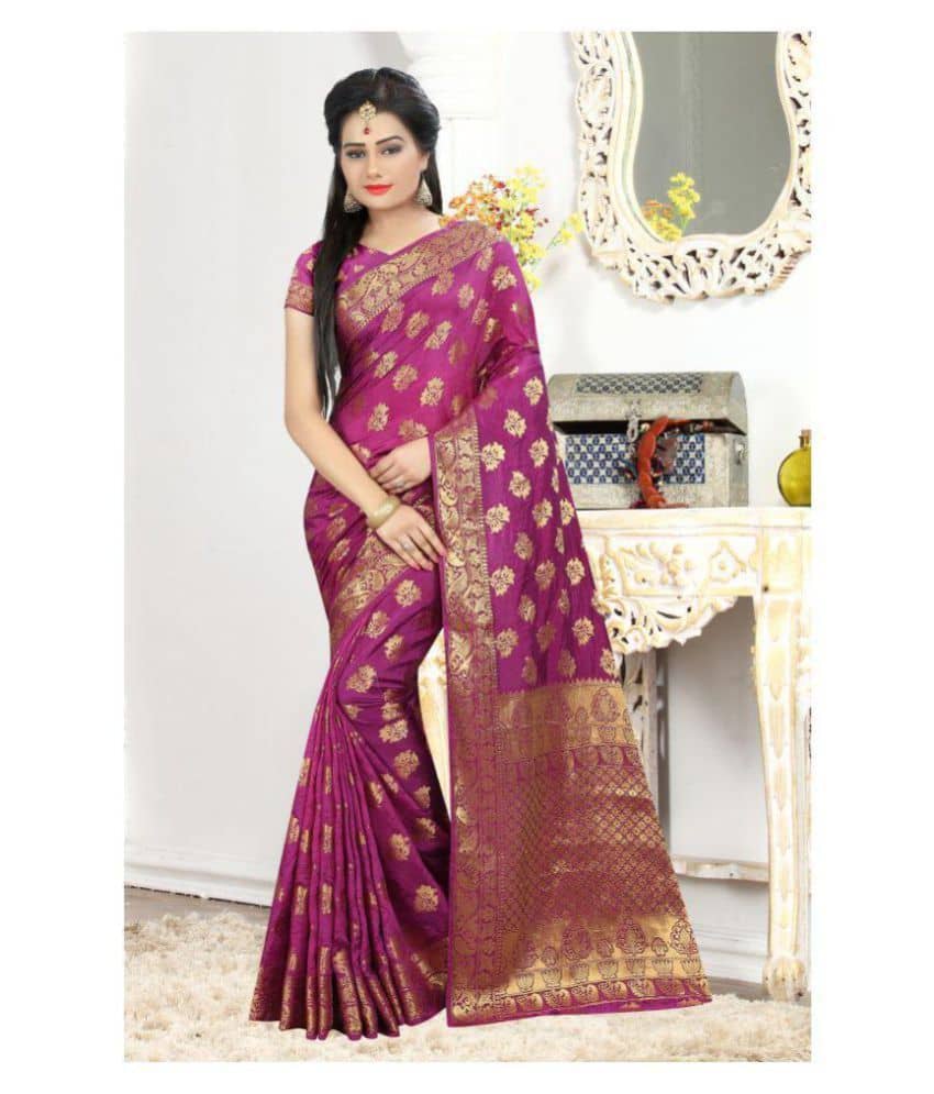 Gazal Fashions Banarasi Silk Printed Saree With Unstitched Blouse Piece ( Purple ) - Sarees | Buy online on ZillyBuy