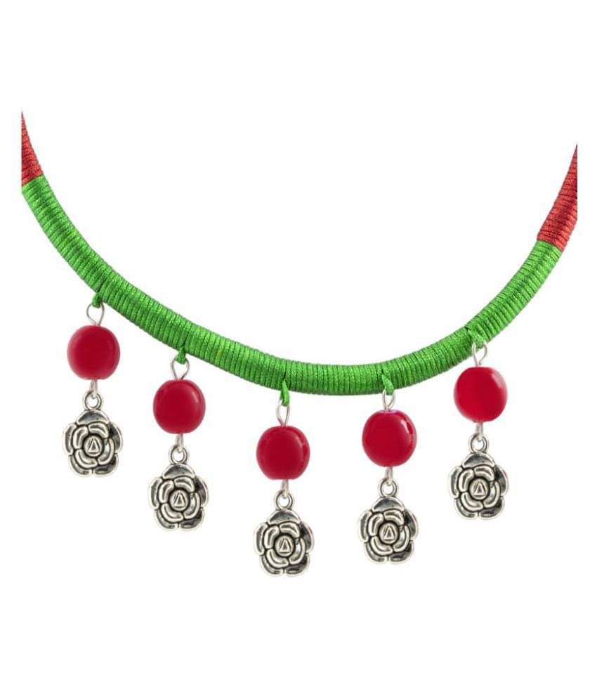     			The Jewelbox Tribal Tibetan Oxidised German Silver Red Bead Green Red Cotton Thread Necklace For Women
