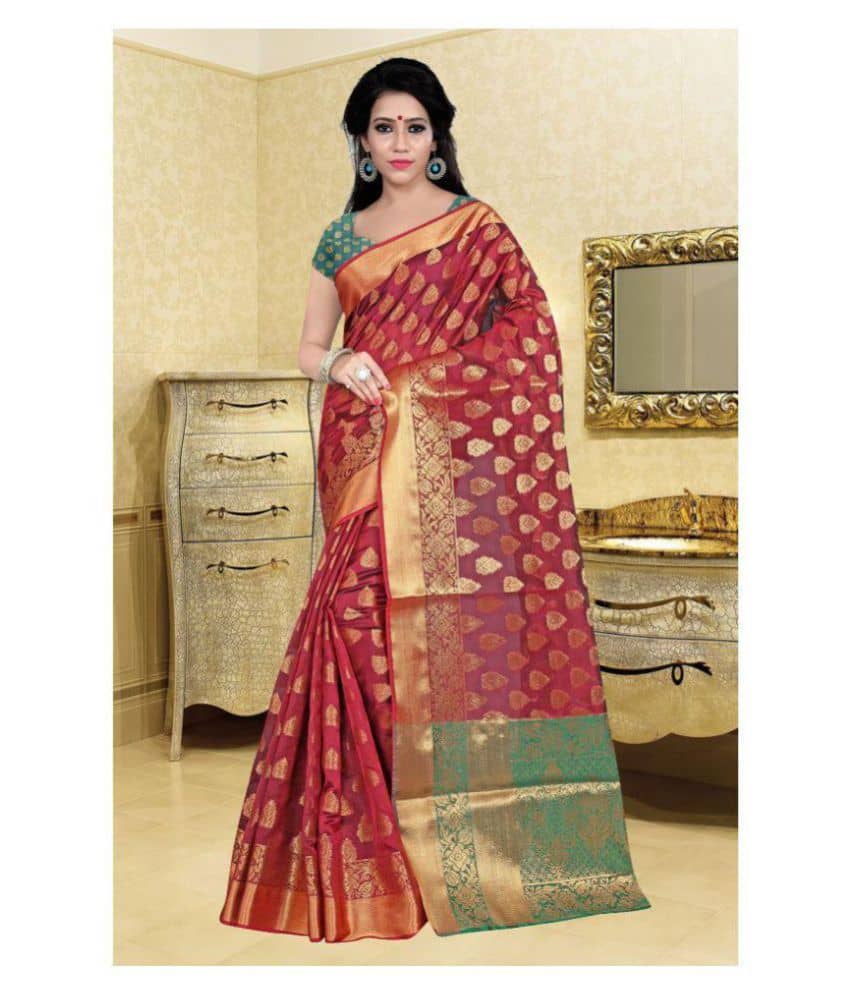 Gazal Fashions Banarasi Silk Printed Saree With Unstitched Blouse Piece ( Red ) - Sarees | Buy online on ZillyBuy