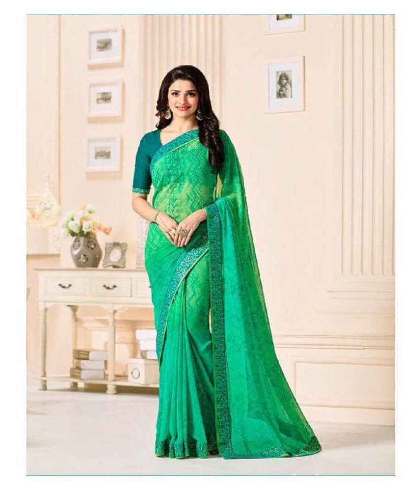 Gazal Fashions Chiffon Printed Saree With Unstitched Blouse Piece ( Green ) - Sarees | Buy online on ZillyBuy