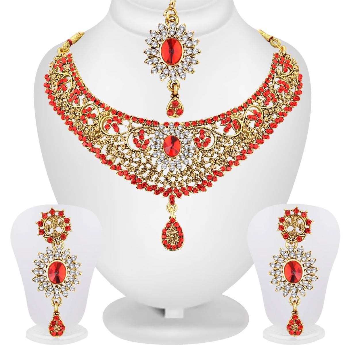     			Spargz Alloy Red Choker Designer Gold Plated Necklaces Set