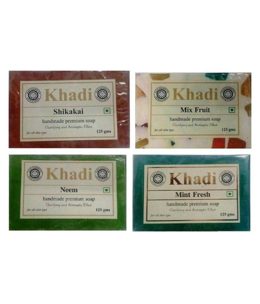Khadi Herbal Soap Combo: Shikakai, Mix Fruit, Neem & Mint fresh Soap 500 gm Pack of 4 Khadi Herbal Soap Combo: Shikakai, Mix Fruit, Neem & Mint fresh Soap 500 gm Pack of 4