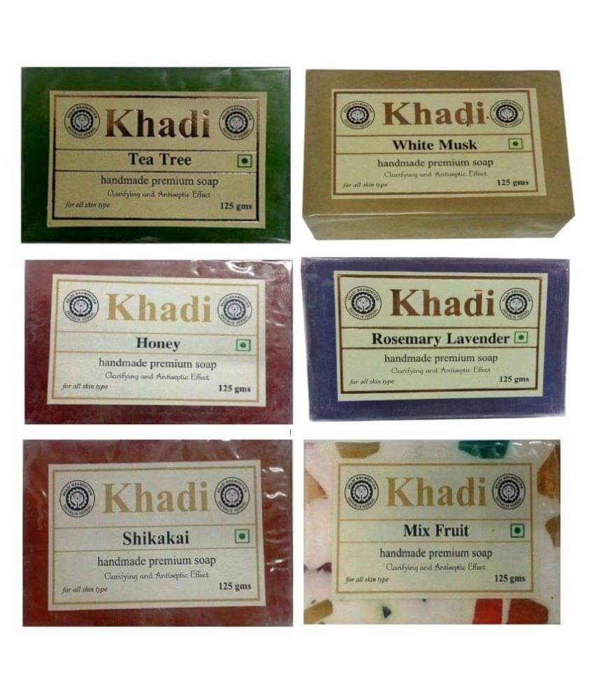     			Khadi Herbal Soap Combo: Shikakai, Mix Fruit,Tea Tree White Musk,Honey, Rosemary lavender Soap 750 gm Pack of 6