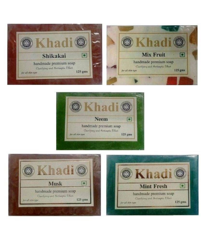 Khadi Herbal Soap Combo: Shikakai, Mix Fruit, Neem,Musk & Mint Fresh Soap 625 gm Pack of 5     			Khadi Herbal Soap Combo: Shikakai, Mix Fruit, Neem,Musk & Mint Fresh Soap 625 gm Pack of 5