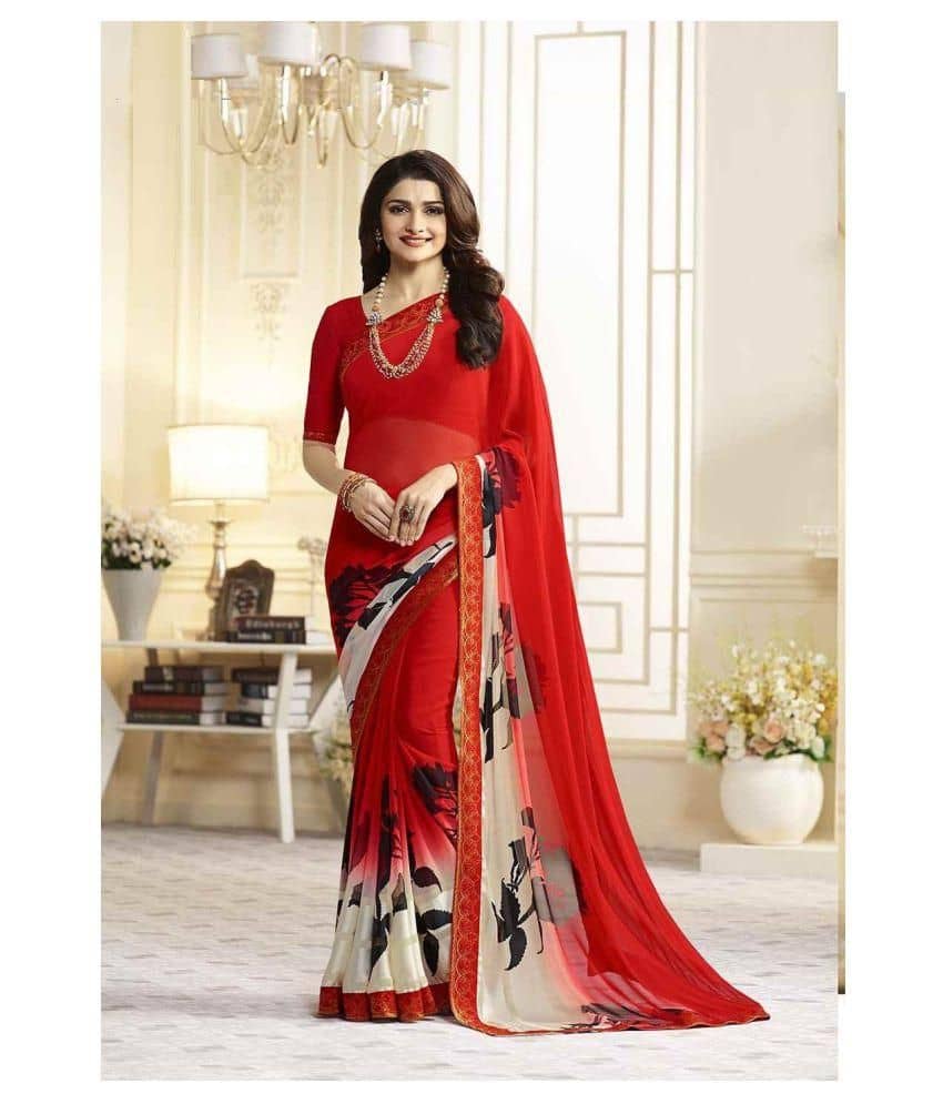 Gazal Fashions Chiffon Printed Saree With Unstitched Blouse Piece ( Multicolor ) - Sarees | Buy online on ZillyBuy