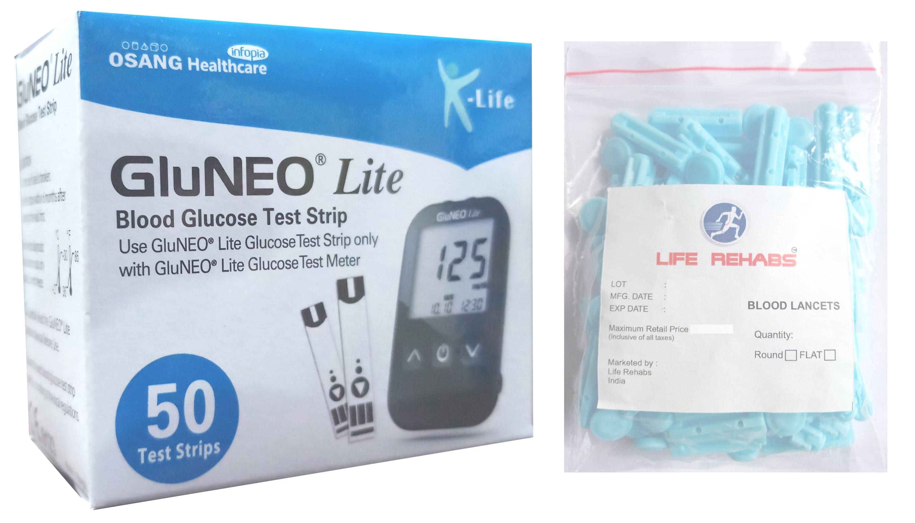     			Infopia Gluneo Lite 50 Strips+ 50 Life Rehabs Lancets