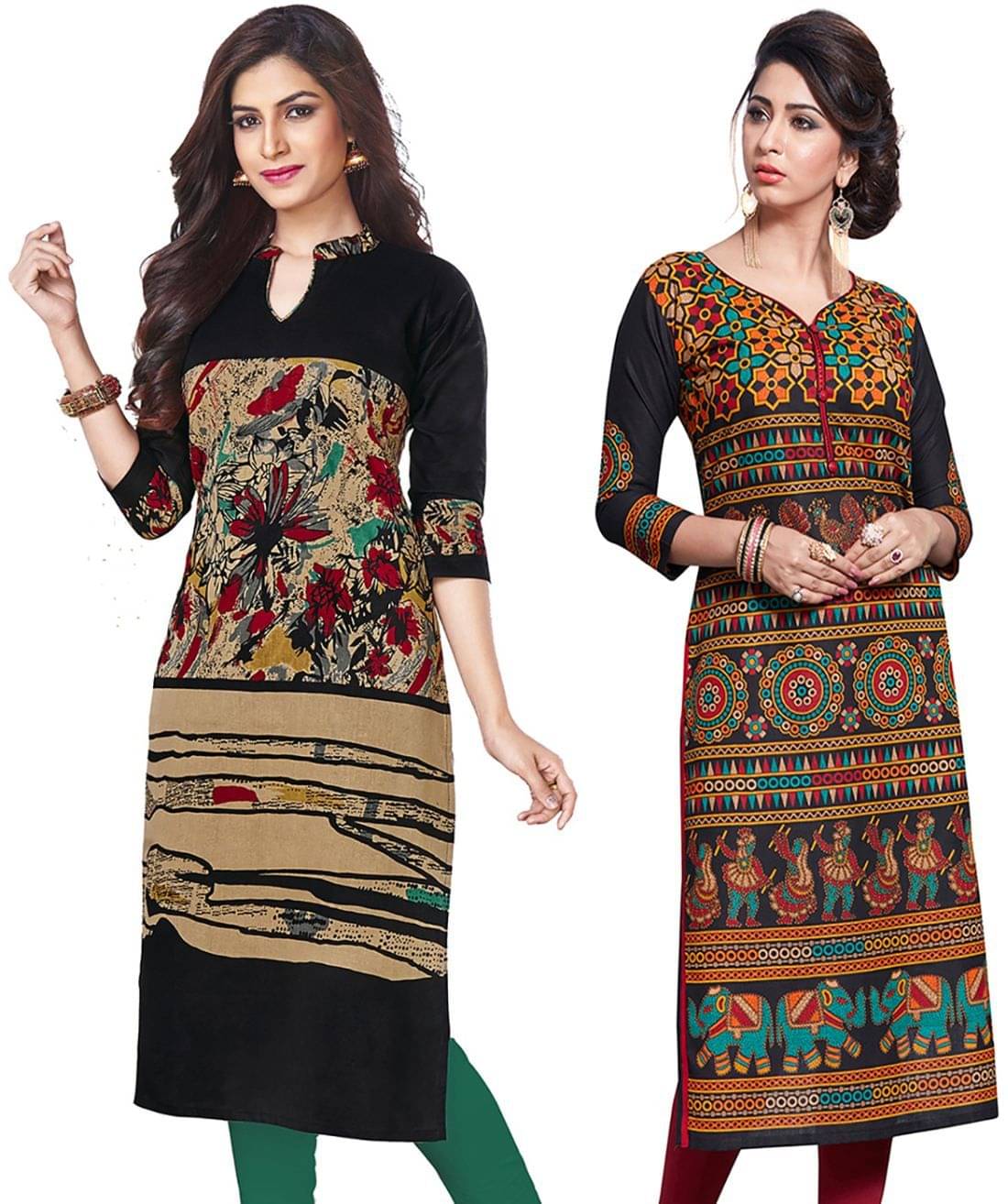 Jevi Prints Black and Orange Cotton Printed Unstitched Kurti Pack of 2 Jevi Prints Black and Orange Cotton Printed Unstitched Kurti Pack of 2