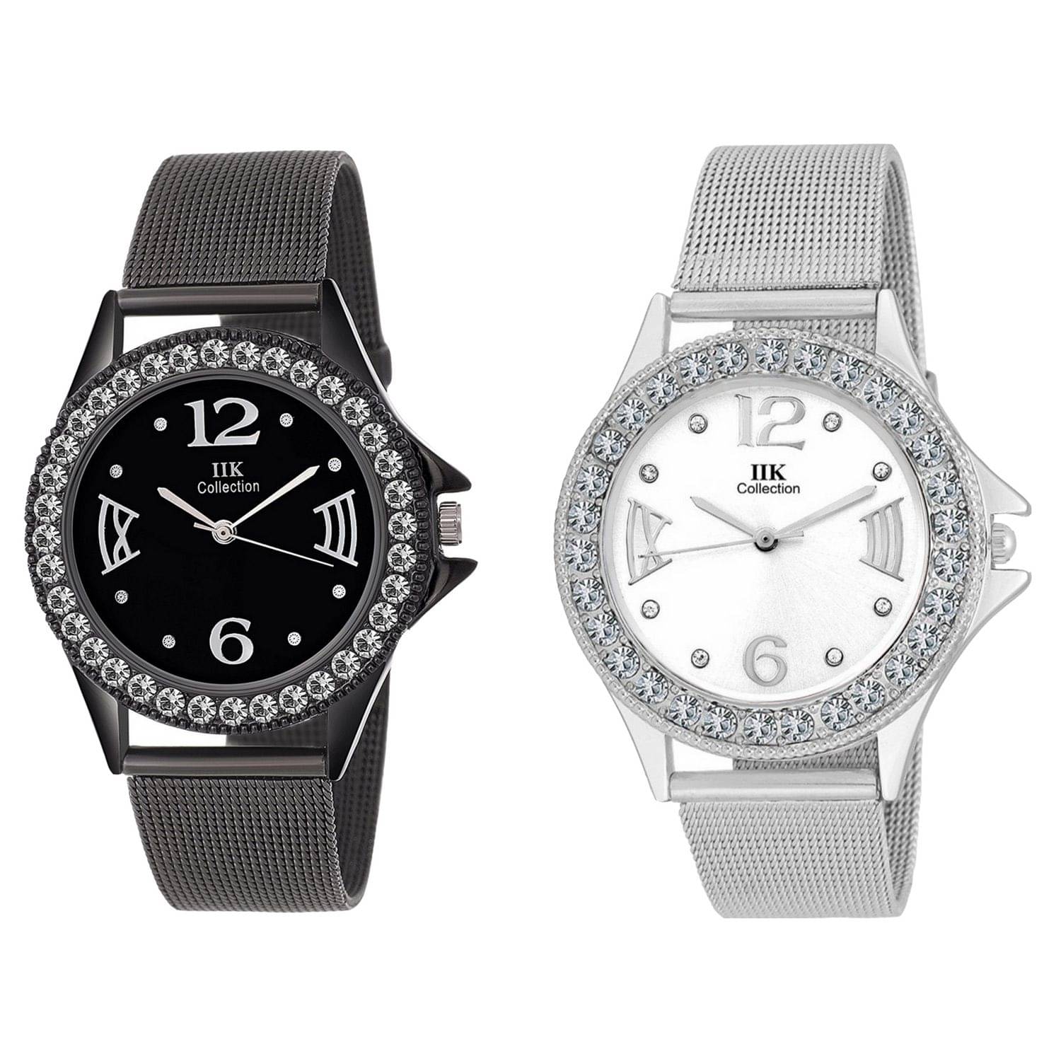     			IIK Collection Set of 2  Analog Black Dial & White Dial Crystal Studded Wrist Watch Combo For Women & Girls   (IIK-1115W-1116W)