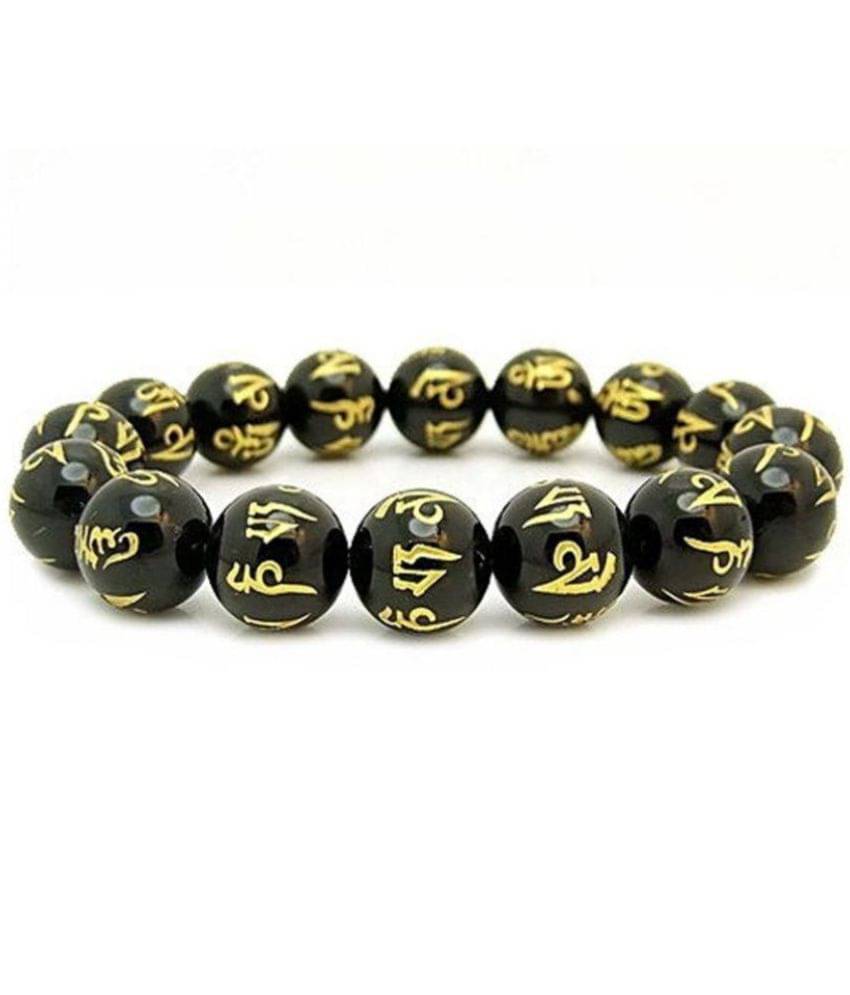     			Raman Collection Agate Om Mani Padme Hum Carved Stretch Bracelet