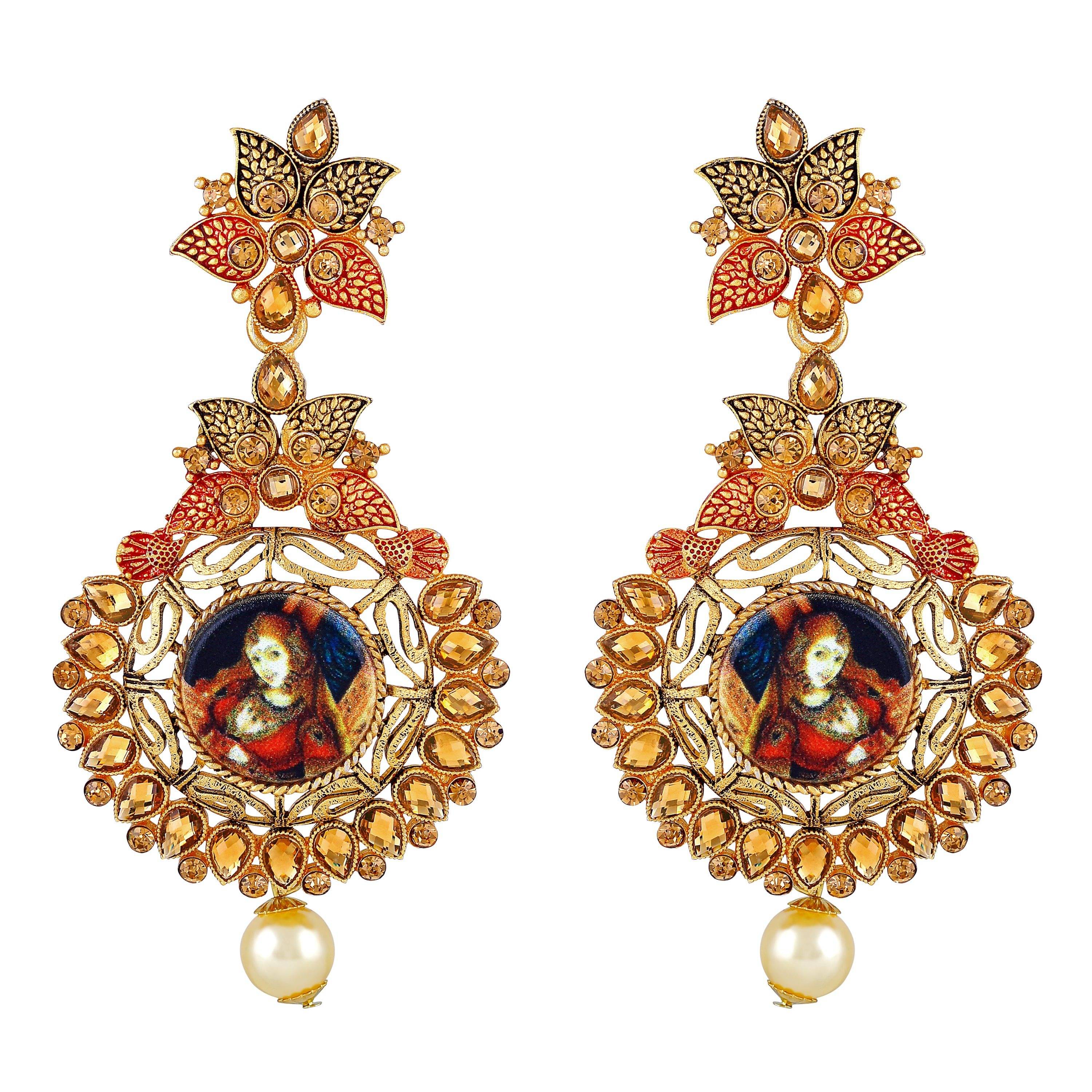 Asmitta Padmaavat Styled Round Shape With Leaf Design & LCT Stone Gold plated Dangle Earring For Women Asmitta Padmaavat Styled Round Shape With Leaf Design & LCT Stone Gold plated Dangle Earring For Women