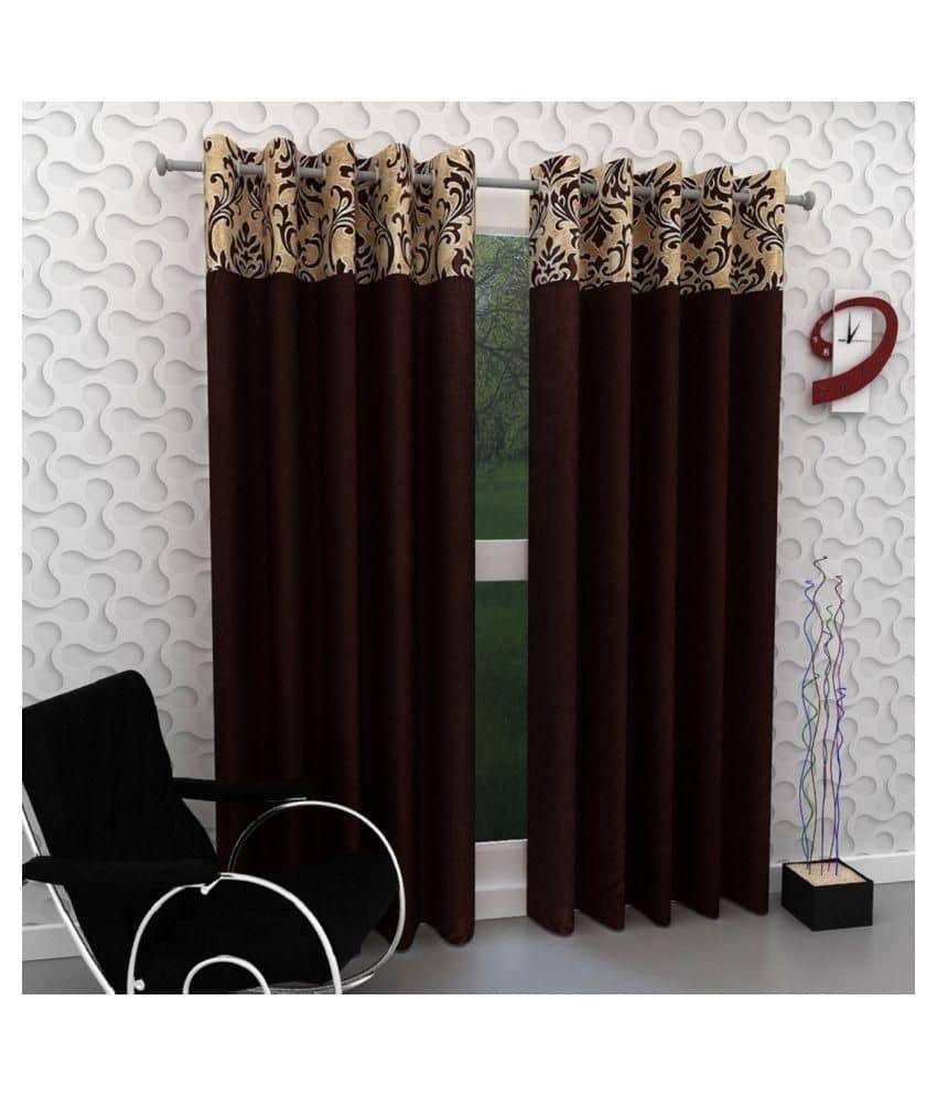 Phyto Home Floral Semi-Transparent Eyelet Door Curtain 7 ft Pack of 2 -Brown