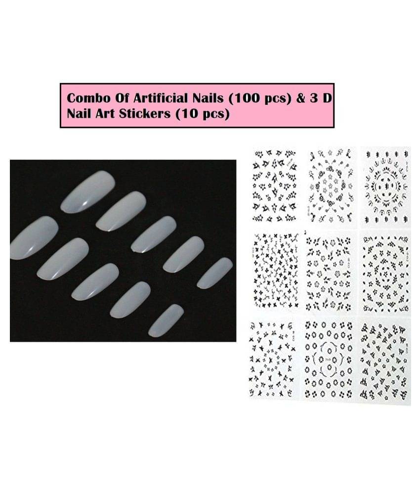 FOK Combo Set Of 10Pc 3D Nailart Stickers Reusable Fake Nails Acrylic Finger Nails 100 no.s FOK Combo Set Of 10Pc 3D Nailart Stickers Reusable Fake Nails Acrylic Finger Nails 100 no.s