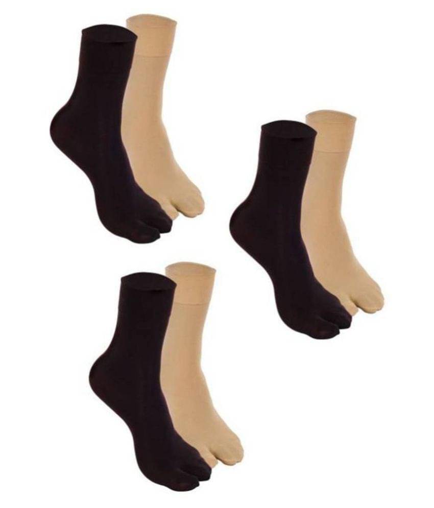     			Tahiro Beige & Black Cotton Thumb Ankle Length Socks - Pack Of 6