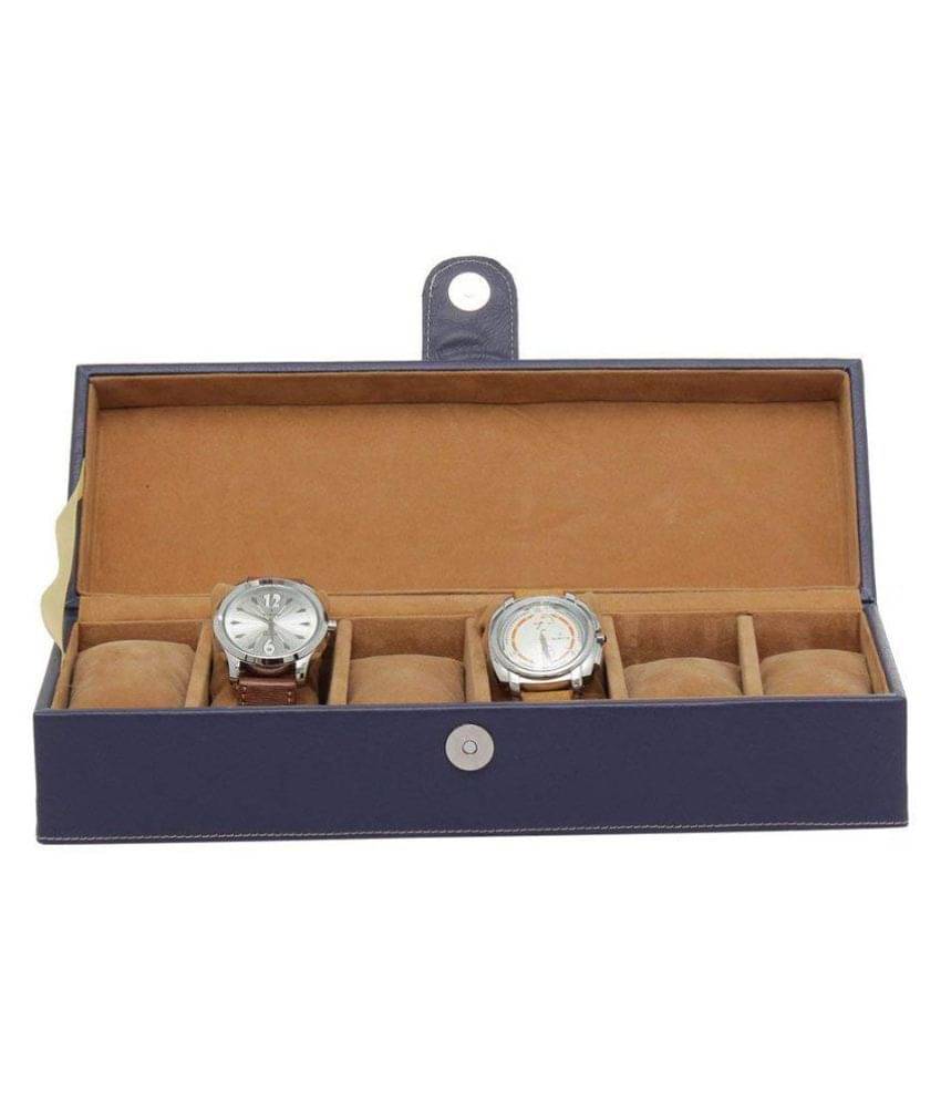     			Leather World 6 Compartments Blue PU Leather Designer Watch Box Case with Clasp Closure