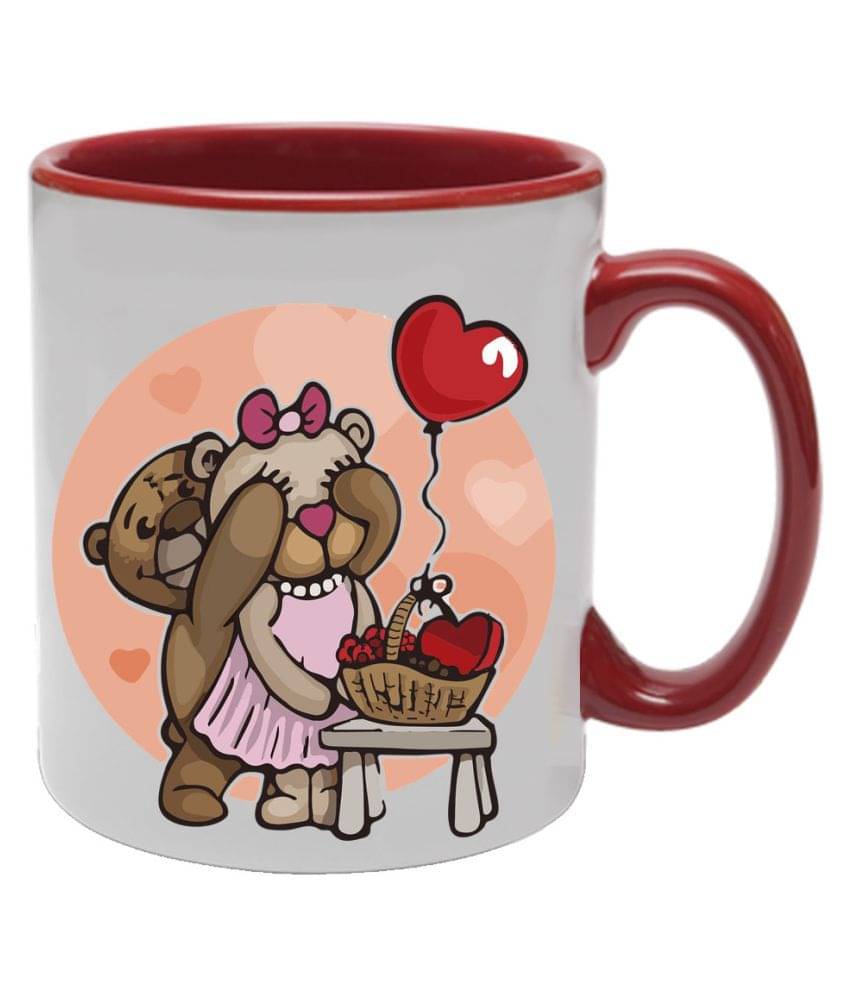    			COLOR YARD cute couple with flying heart, on maroon printed Ceramic Coffee Mug 1 Pcs 325 ml