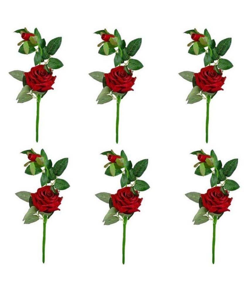     			Green plant indoor Rose Red Artificial Flowers - Pack of 6