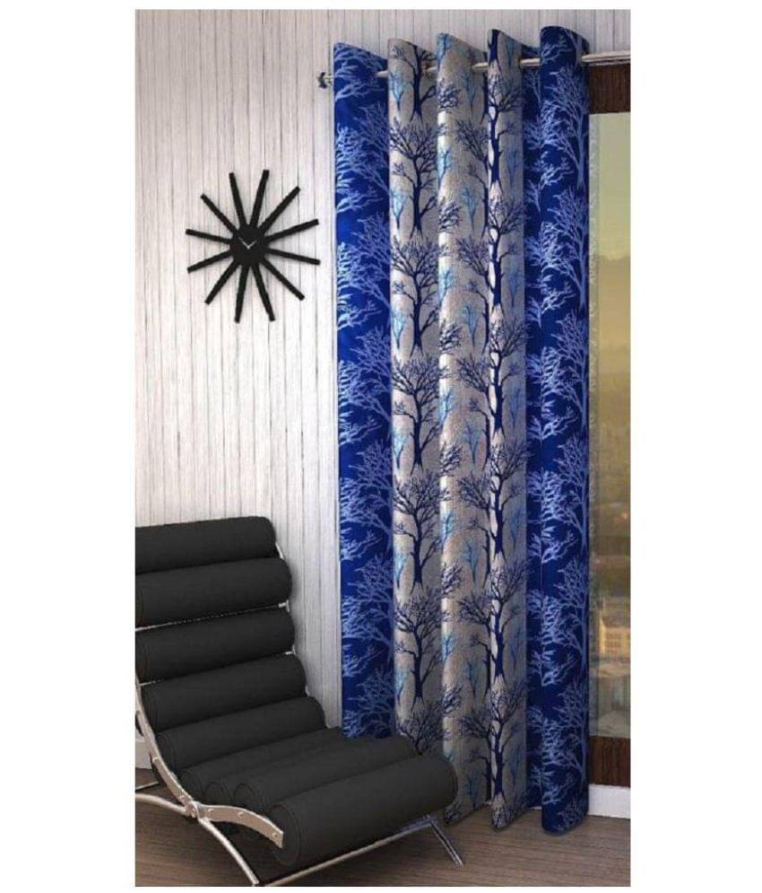     			Panipat Textile Hub Floral Semi-Transparent Eyelet Door Curtain 7 ft Single -Blue