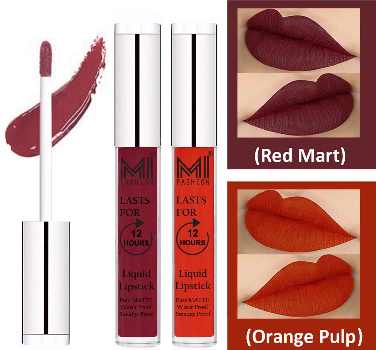     			MI FASHION Liquid Lipstick Red Mart,Orange Pulp 3 ml Pack of 2
