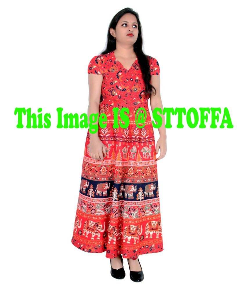 Sttoffa Women Cotton Ethnic Dress ( Red ) Sttoffa Women Cotton Ethnic Dress ( Red )