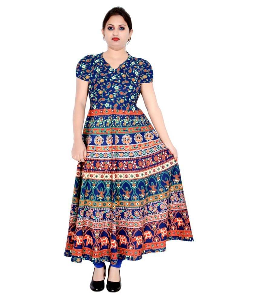 Sttoffa Women Cotton Blend Printed Ethnic Dress ( Multicolor ) Sttoffa Women Cotton Blend Printed Ethnic Dress ( Multicolor )