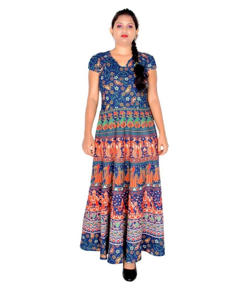 Sttoffa Women Cotton Ethnic Dress ( Blue ) Sttoffa Women Cotton Ethnic Dress ( Blue )