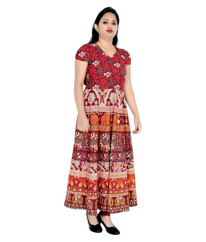 Sttoffa Women Cotton Printed Ethnic Dress ( Maroon ) Sttoffa Women Cotton Printed Ethnic Dress ( Maroon )