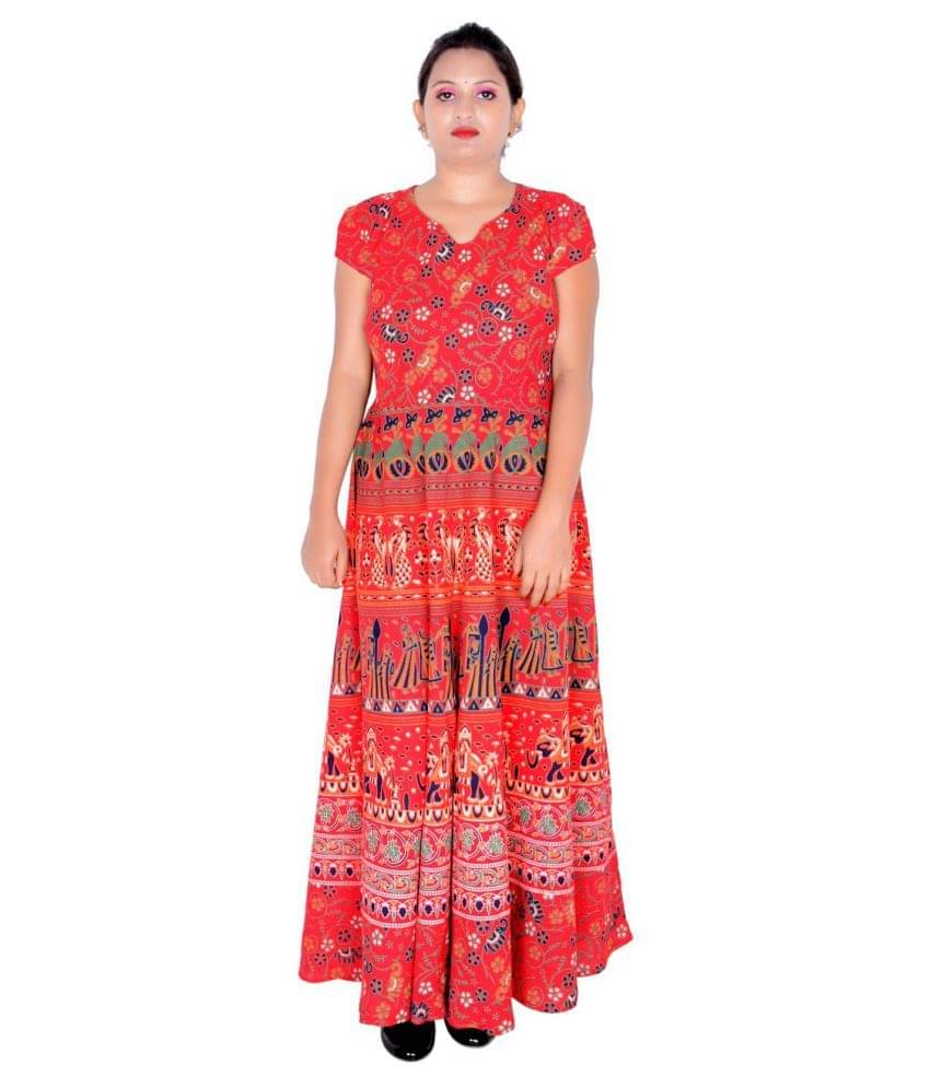 Sttoffa Women Cotton Ethnic Dress ( Red )     			Sttoffa Women Cotton Ethnic Dress ( Red )