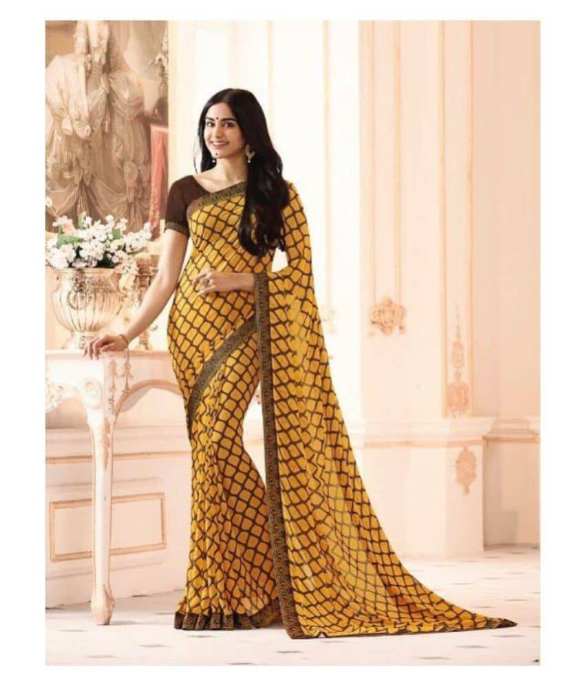 Gazal Fashions Georgette Printed Saree With Unstitched Blouse Piece ( Yellow ) - Sarees | Buy online on ZillyBuy