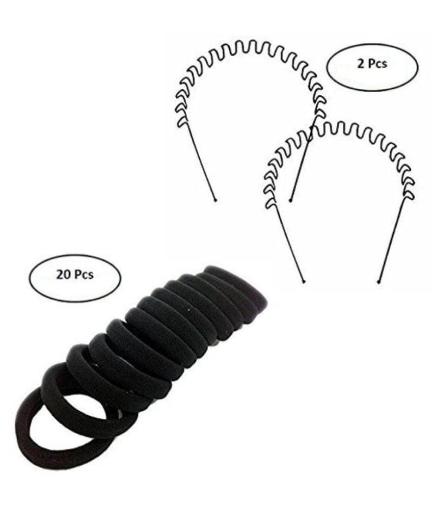     			Fok Set Of 20 Pcs Black Rubber Bands & 2 Pcs Black Metal Zigzag Hairbands