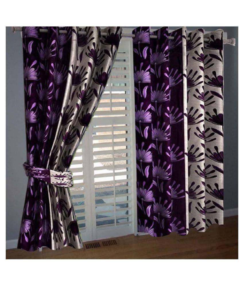 Phyto Home Floral Semi-Transparent Eyelet Door Curtain 7 ft Pack of 4 -Purple