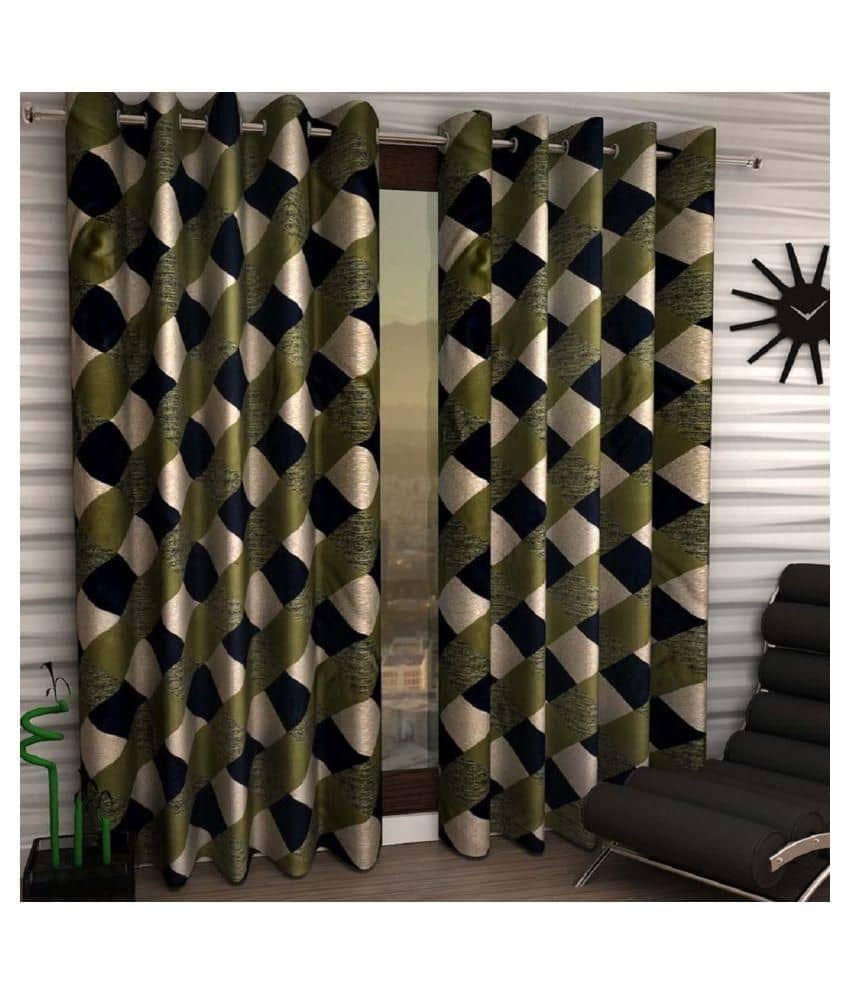 Phyto Home Checks Semi-Transparent Eyelet Door Curtain 7 ft Pack of 4 -Green