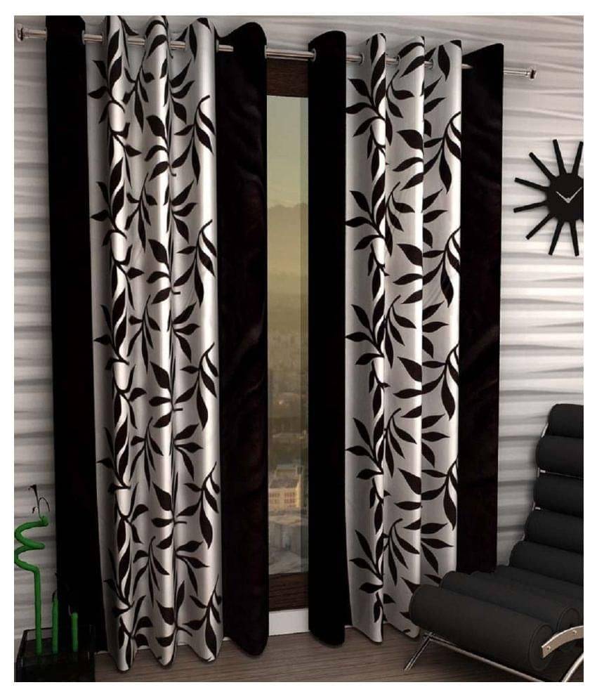     			Phyto Home Floral Semi-Transparent Eyelet Door Curtain 7 ft Pack of 4 -Black