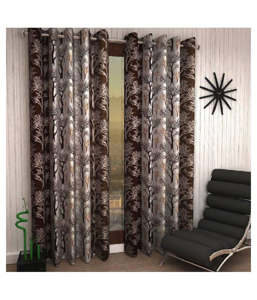 Phyto Home Floral Semi-Transparent Eyelet Door Curtain 7 ft Pack of 4 -Brown