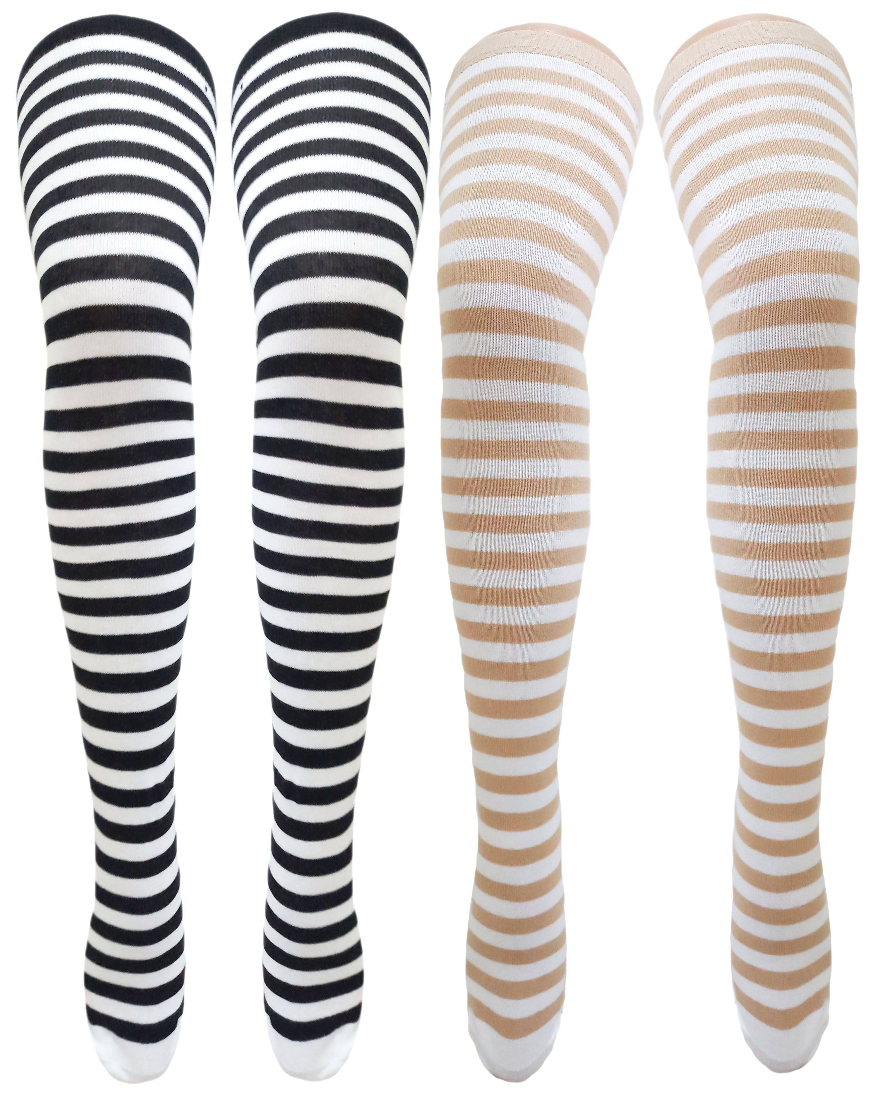     			Neska Moda Women’s 2 Pair White And Black Striped Cotton Thigh-High Stockings