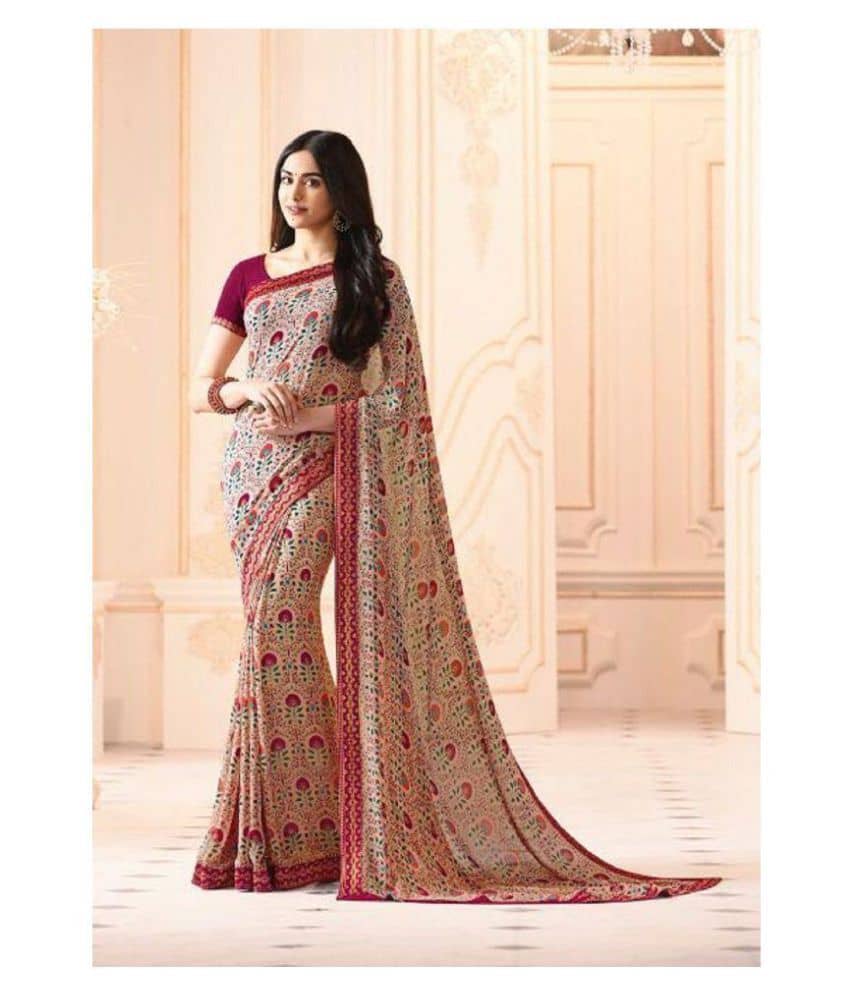 Gazal Fashions Georgette Printed Saree With Unstitched Blouse Piece ( Brown,Beige ) - Sarees | Buy online on ZillyBuy