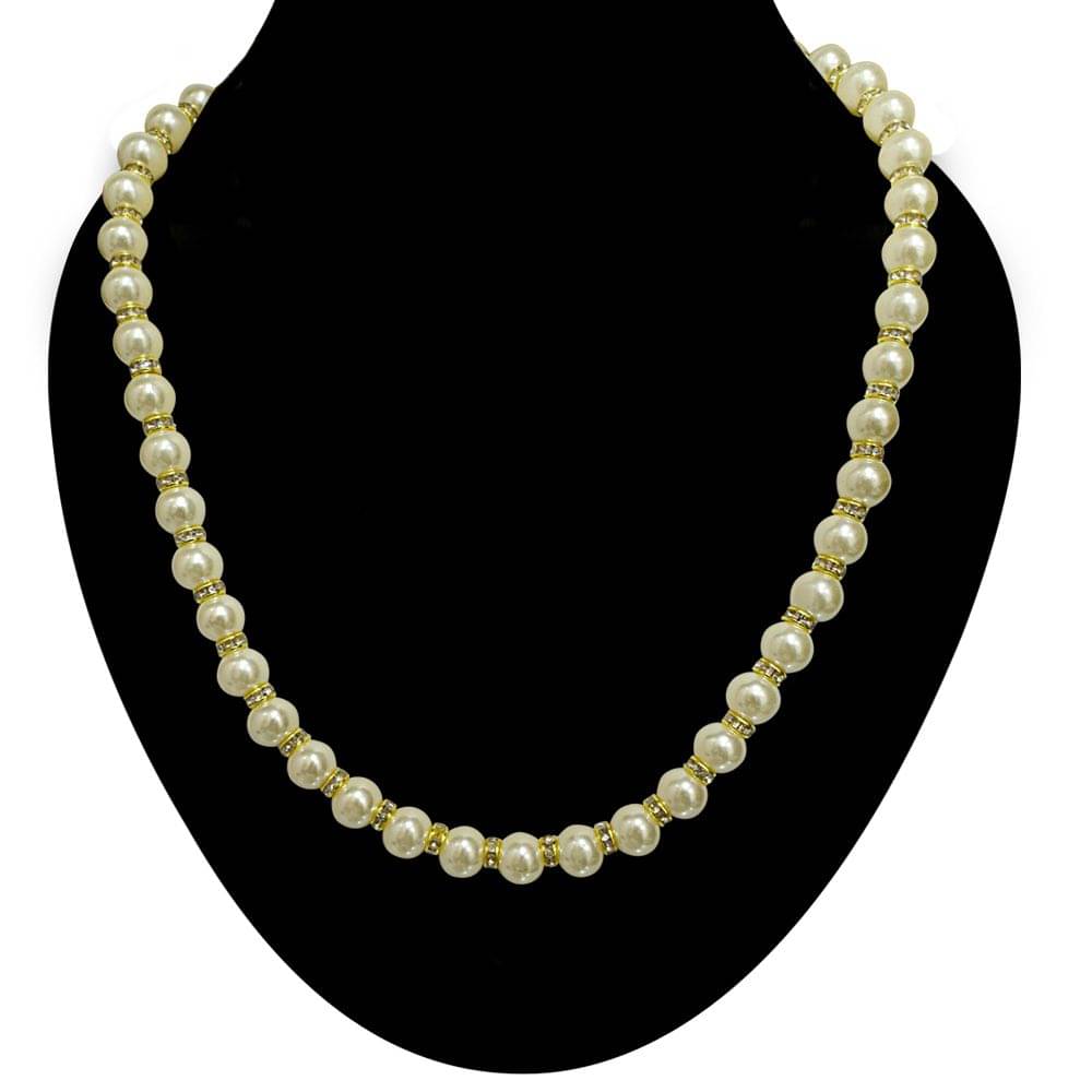     			Surat Diamonds Single Line White Shell Pearl and Gold Plated Stone Ring Necklace (PS477)