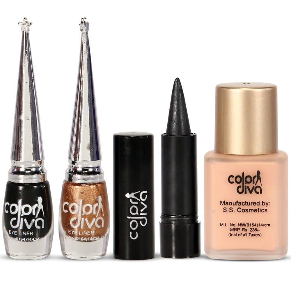 COLOR DIVA Face & Eye Tuning COLOR DIVA Golden & Black Eyeliner,Kajal With Foundation Set of 5 GC568
