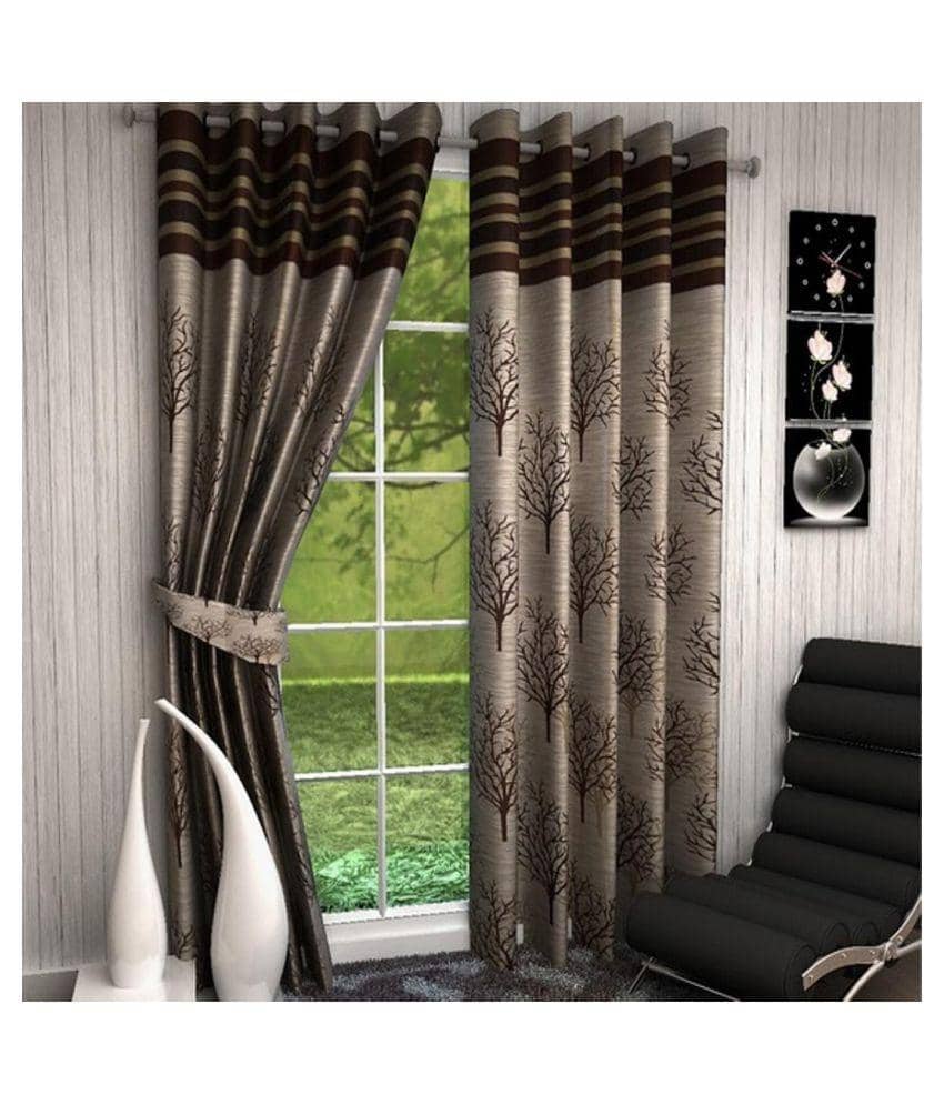 Tanishka Fabs Jacquard Blackout Eyelet Door Curtain 7 ft Pack of 2 -Brown