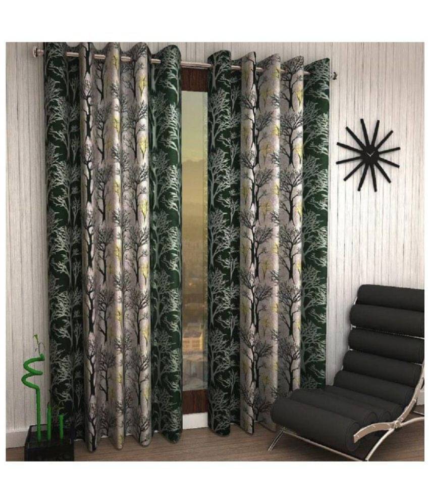     			Panipat Textile Hub Floral Semi-Transparent Eyelet Door Curtain 7 ft Pack of 6 -Green