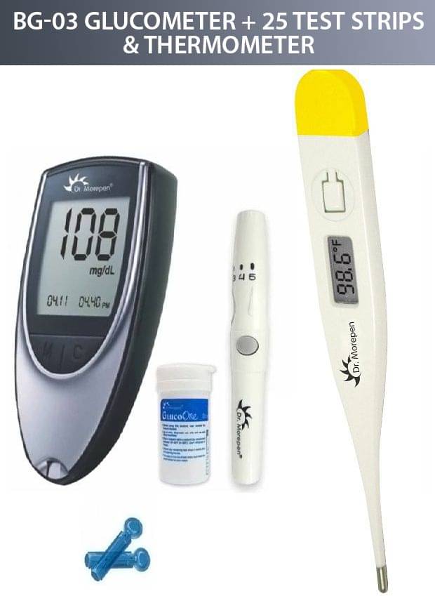 Dr Morepen Glucose Monitor BG-03 with 25 Sugar Test Strips & Thermometer Dr Morepen Glucose Monitor BG-03 with 25 Sugar Test Strips & Thermometer