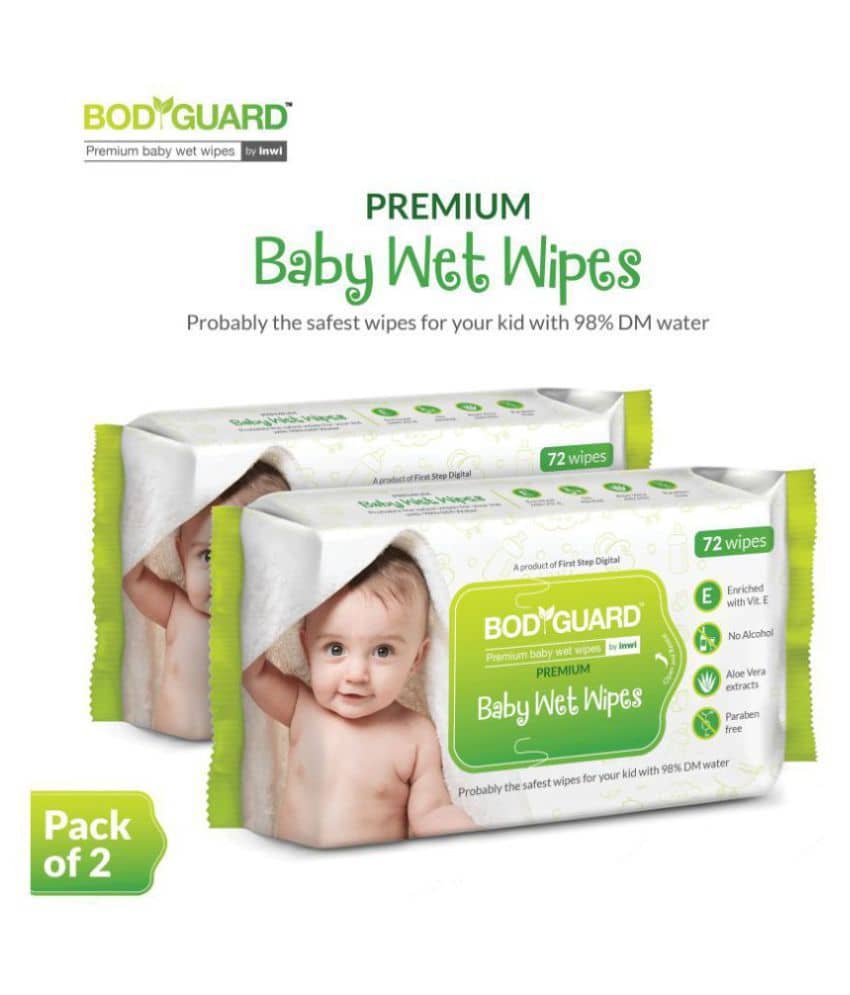 Bodyguard Baby Wet Wipes with Vitamin E & Aloe Vera, 72 Wipes/Pack (Pack of 2) | Alcohol Free | Paraben Free