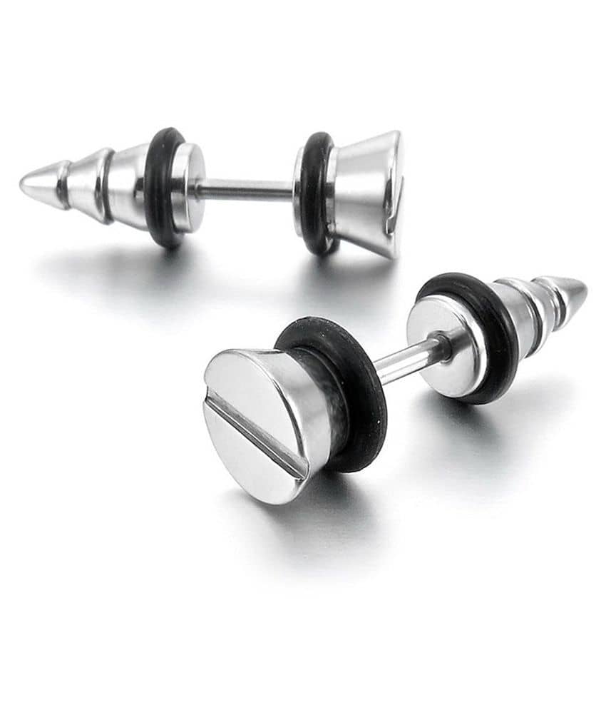 The Jewelbox Punk Funky Screw Nail 316L Surgical Stainless Steel Silver Rhodium Ear Stud Earring Pair Boys Men - Earrings | Buy online on ZillyBuy