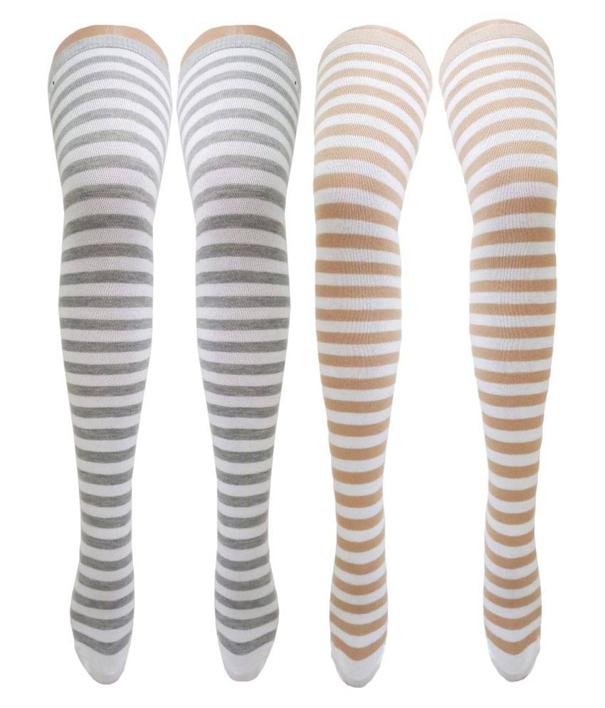     			Neska Moda Women's 2 Pair Multicolor Striped Cotton Thigh-High Stockings