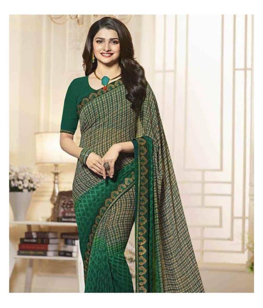 Gazal Fashions Georgette Printed Saree With Unstitched Blouse Piece ( Green ) - Sarees | Buy online on ZillyBuy